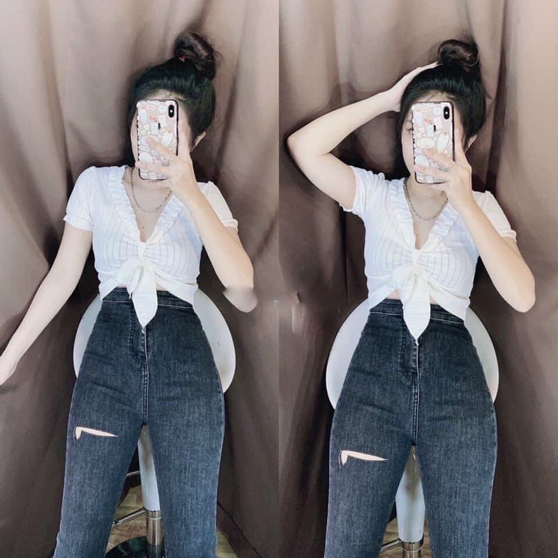 QUẦN JEAN DÀI CẠP CAO RÁCH NHẸ 1 NÚT