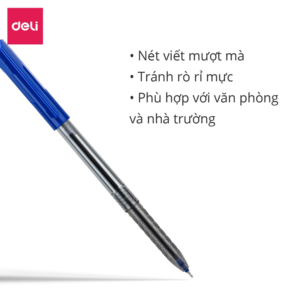 Bút bi dầu ngòi 0.5mm Deli mực xanh bộ 3 chiếc nét viết đều chất lượng cao phù hợp học sinh văn phòng