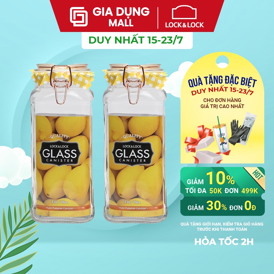 Bộ 2 Hũ Đựng Thực Phẩm Bằng Thủy Tinh Lock&Lock Sodalime LLG518S01 (2L) LLG517S01 (1.4L) - Hàng Chính Hãng
