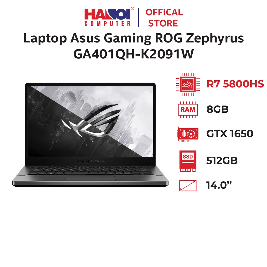 Laptop Asus Gaming ROG Zephyrus GA401QH-K2091W (R7 5800HS/8GB RAM/512GB SSD/14 WQHD/GTX 1650 4GB/Win11/Túi/Xám)