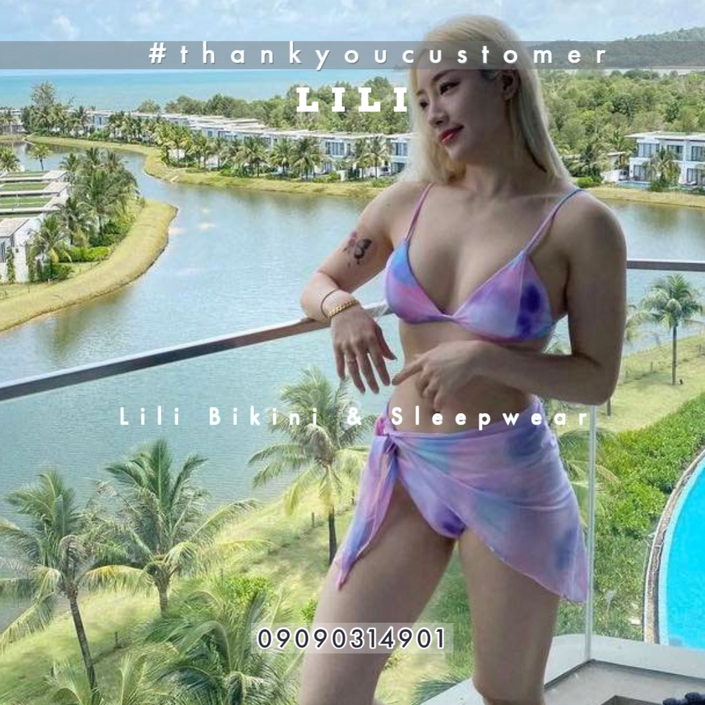 Bộ đồ bơi bikini ba mảnh kèm váy kín đáo màu loang cầu vồng siêu đẹp độc đáo thời trang Hàn Quốc