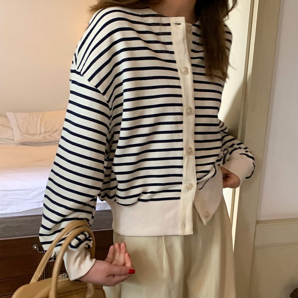 ZHELIHANGFEI Áo Khoác Cardigan Dệt Kim Tay Dài Dáng Rộng Kẻ Sọc Kiểu Retro Đơn Giản