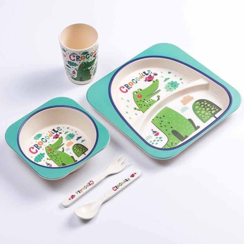 Bộ khay ăn dặm sợi tre hình ngộ nghĩnh cho bé trai/bé gái 5 món gồm thìa, dĩa, khay, bát, cốc an toàn cho trẻ