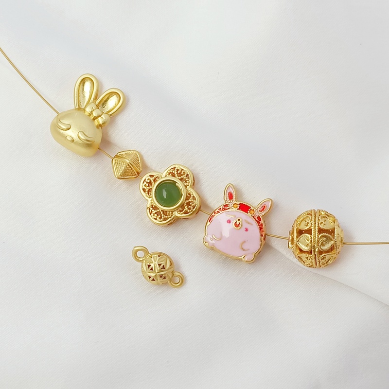 Phụ Kiện Hạt Tròn Rỗng Bốn Lá Mạ Vàng 18K Hình Thỏ Dễ Thương Dùng Trang Trí DIY