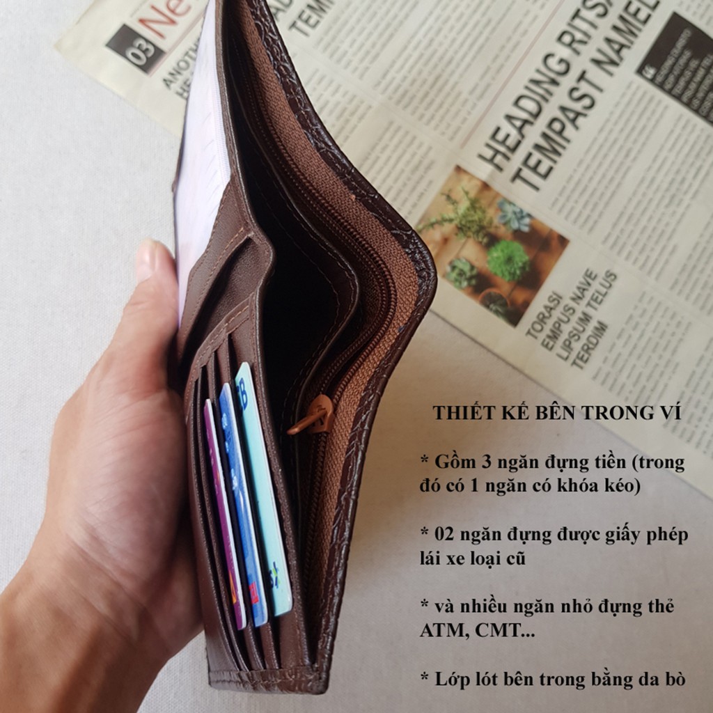 Ví nam da bò vân cá sấu Chakovet V.99A, Kiểu bóp nam dáng đứng đựng tiền và thẻ, GPLX loại cũ, Nâu Đen