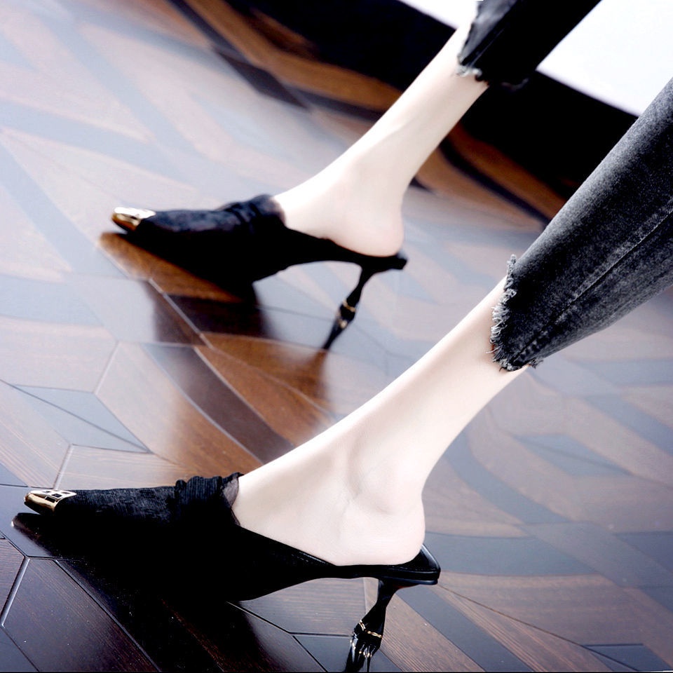 Dép Sandal Cao Gót Nữ 6 phân Mũi Nhọn Phối Kim Loại Thời Trang