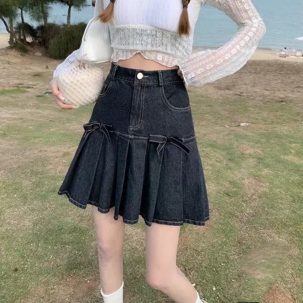 6:30PM Order Mã 004 Chân váy jeans đen ngắn ulzzang hot trend đuôi cá tennis skirt phối nơ lolita cute