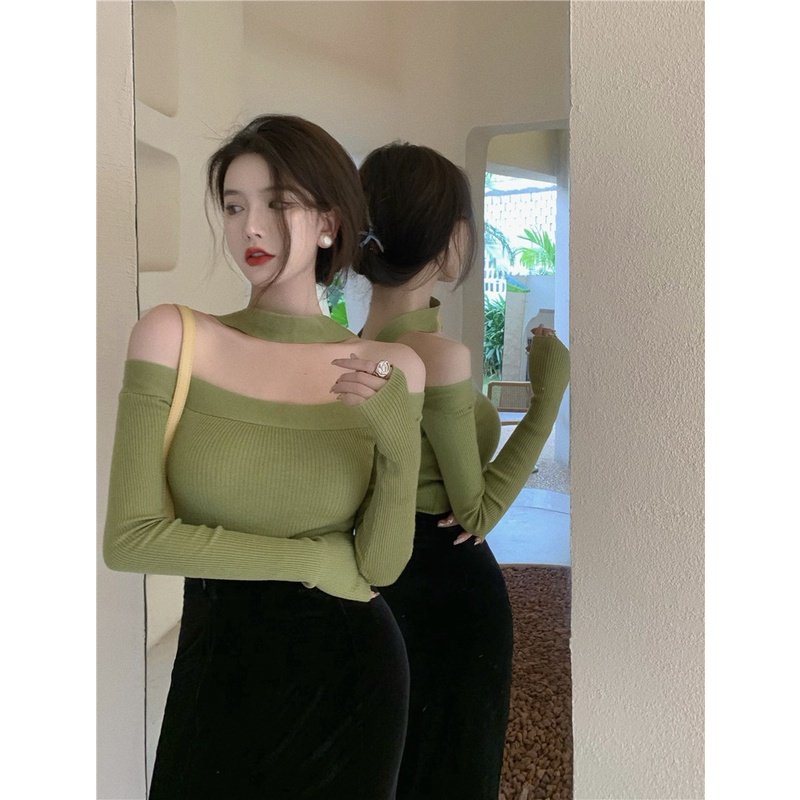 QKOOLE  Áo thun tay dài hở vai dáng ôm phong cách Hàn Quốc thời trang dành cho nữ