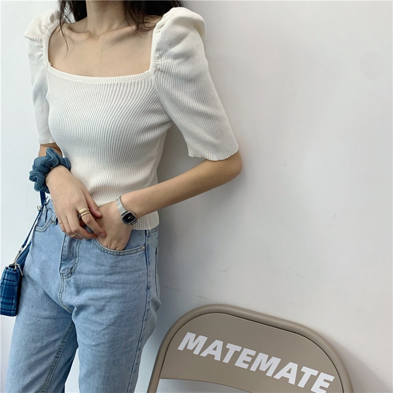 Áo lửng tay phồng cổ vuông màu trơn dễ thương thời trang dành cho nữ | BigBuy360 - bigbuy360.vn