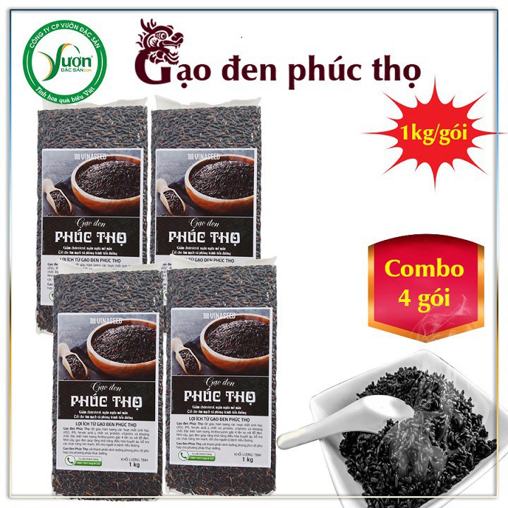 Combo 04 gói Gạo Lứt Phúc Thọ đen không hộp 01kg - Gạo lứt đen - Tốt cho tim mạch và tiểu đường