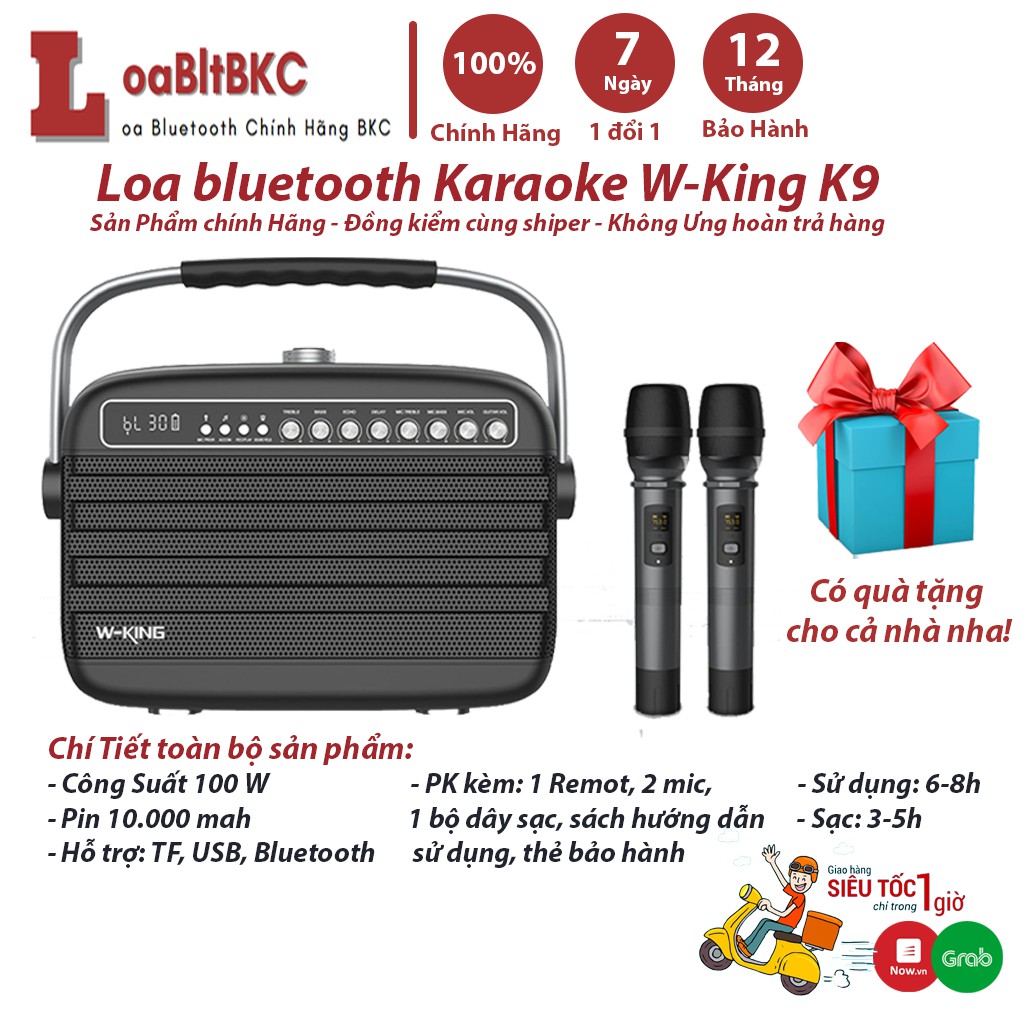 Loa bluetooth W-King K9 tặng kèm 2 mic hát karaoke bluetooth, Loa karaoke bluetooth Công Suất lớn 100W- BH 12 tháng