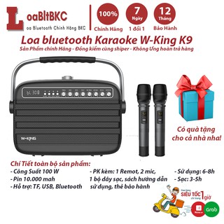 Loa Karaoke Buetooth W-King K9 SupperBass + 2 Mic không dây điện tử, Loa Kara Công Suất Lớn 100W- BH 12T - Pin 22.500mAh