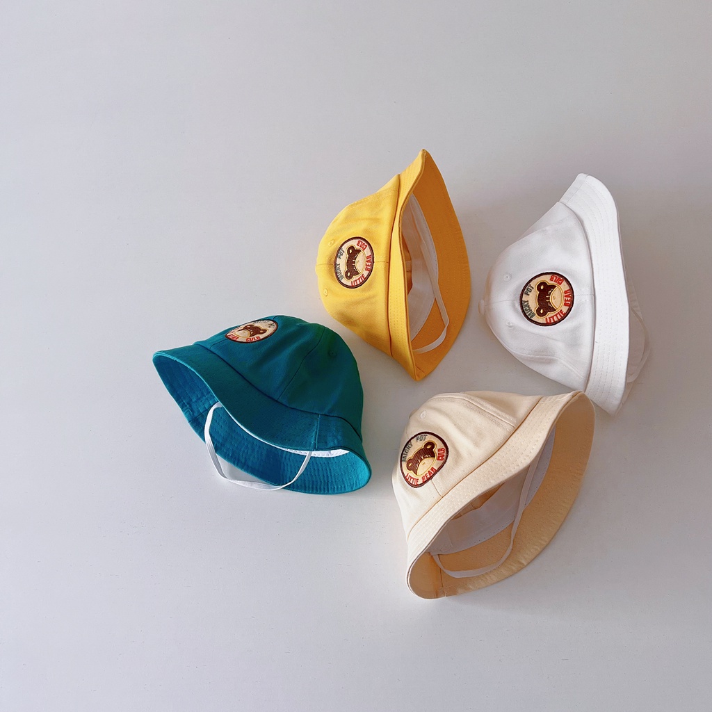 Nón tai bèo vành rộng màu trơn thêu hình gấu dễ thương chống nắng cho trẻ em