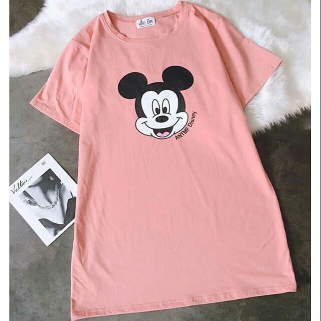 Đầm suông forum rộng hình Mickey, đầm Mickey màu hồng, đầm thun suông in hình chuột Mickey, đầm thun suông dáng dài