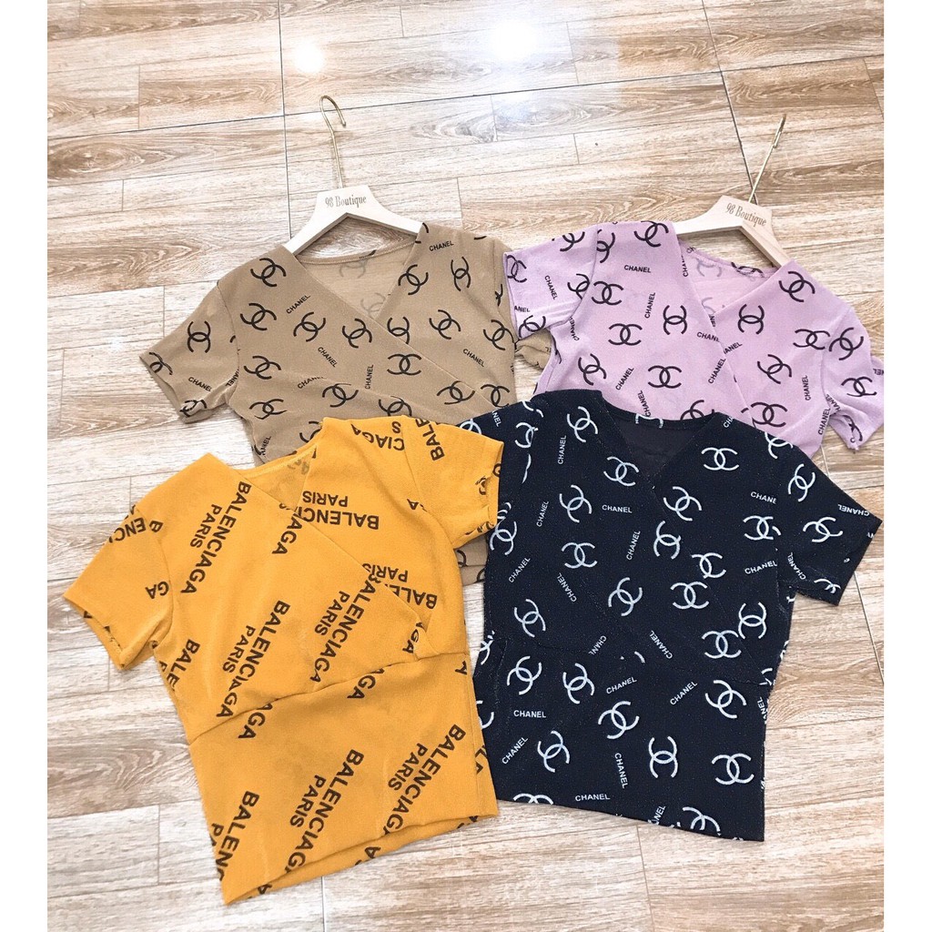 Áo nhũ cổ V in chữ