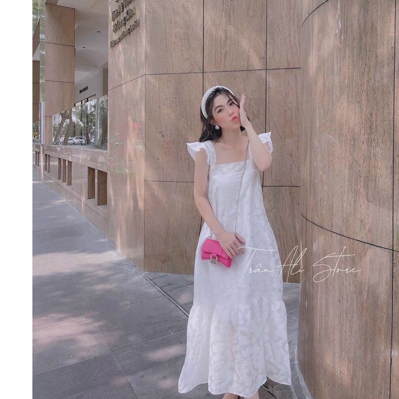 Đầm 2 dây trắng, váy đầm midi cổ vuông dún tầng 2 dây tay đuôi cá dáng dài freesize