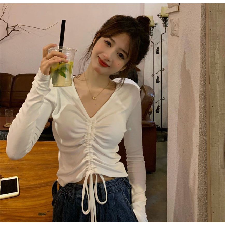 Áo Croptop nữ tay dài cổ chữ V màu trơn phối dây rút ngực phong cách Hàn Quốc Trẻ Trung