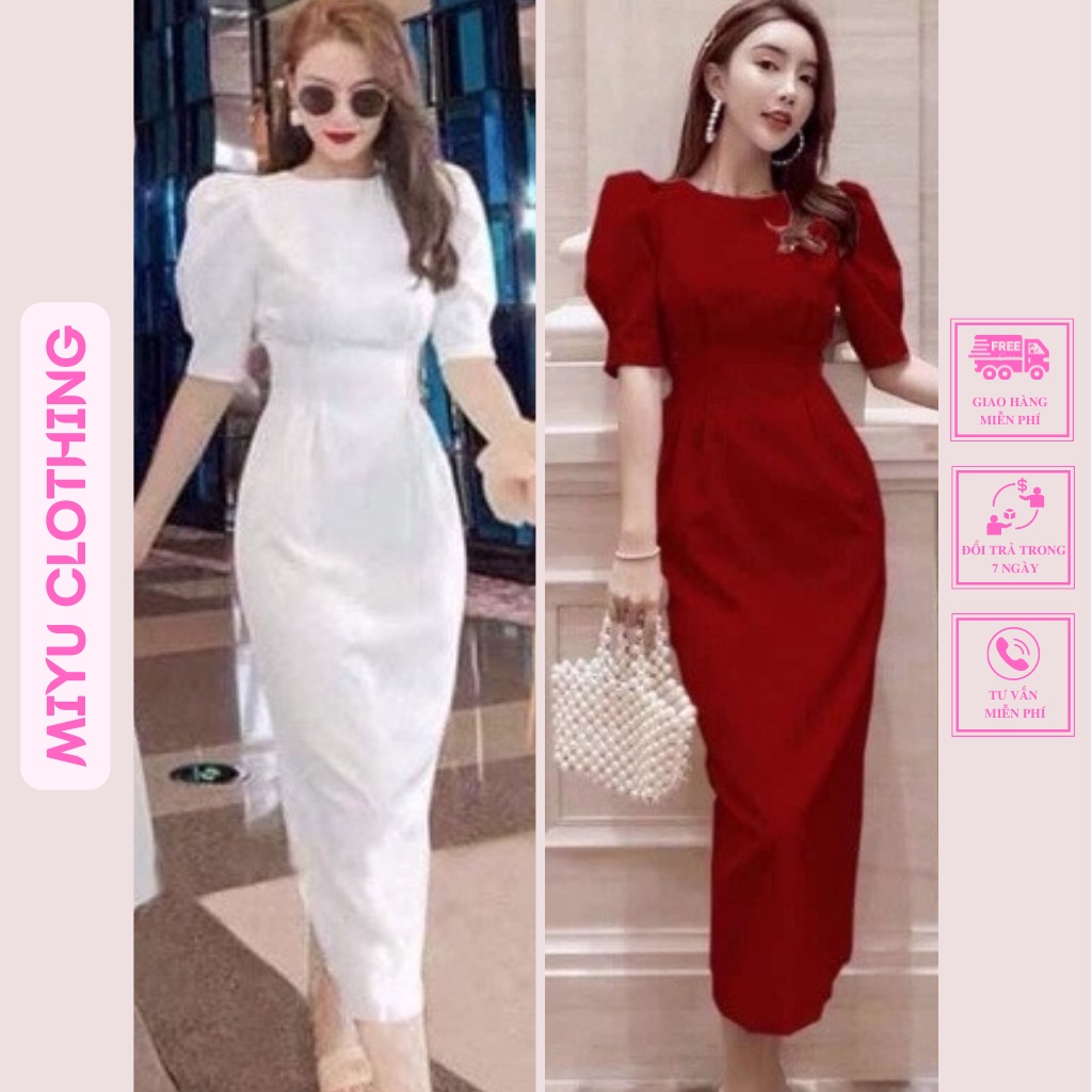 Đầm dự tiệc trắng đẹp váy nữ đỏ dáng dài form ôm eo tạo kiểu đi tiệc giấu bụng chất liệu cotton 2 lớp MiyuClothing