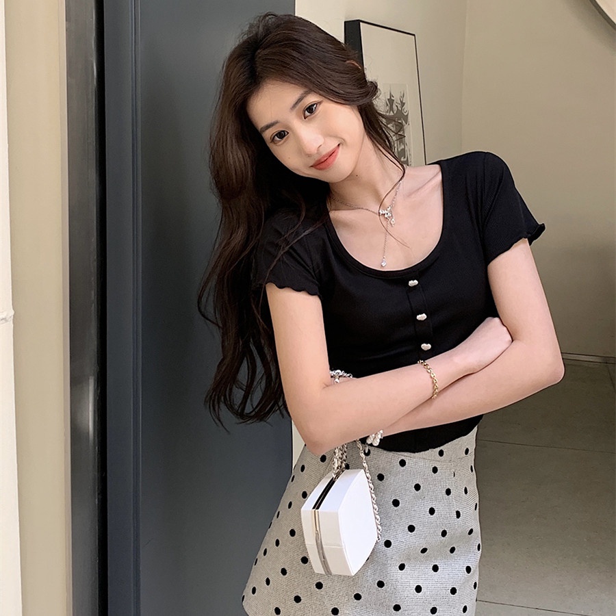 Áo thun ZHELIHANGFEI dệt kim ngắn tay phối hàng nút đơn thời trang dành cho nữ