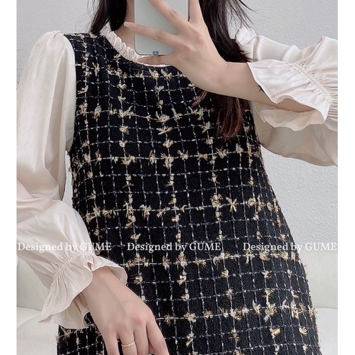 Váy bầu bigsize -Đầm bầu thiết kế GuMe mặc Tết GUME dạ tweed kim tuyến cao cấp 2 lớp,tay vải lụa vân gỗ có bo chun MB185