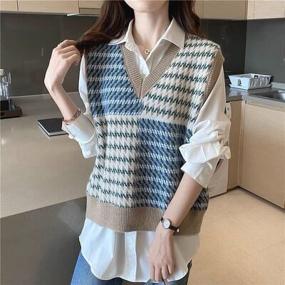 Áo len gile thổ cẩm phối kẻ cá tính Hàng Quảng Châu Cao Cấp
