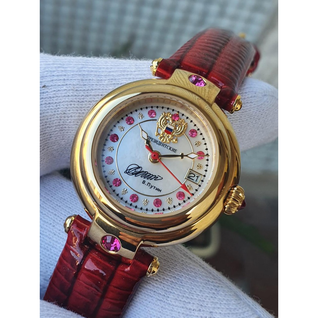 Đồng hồ Nga President chữ ký Tổng thống nữ đá hồng 252073. Đồng hồ Poljot nữ máy Automatic, size mặt 28 chống nước 3 atm
