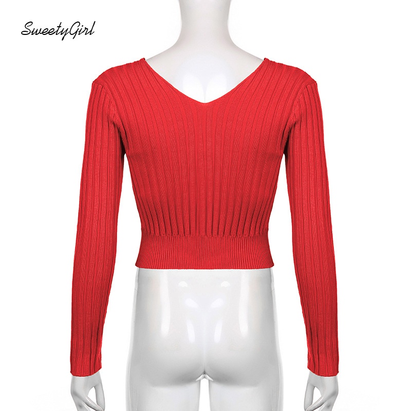 Áo Croptop Dệt Kim Tay Dài Cổ Chữ V Màu Trơn Phong Cách Đường Phố Thời Trang Dành Cho Nữ