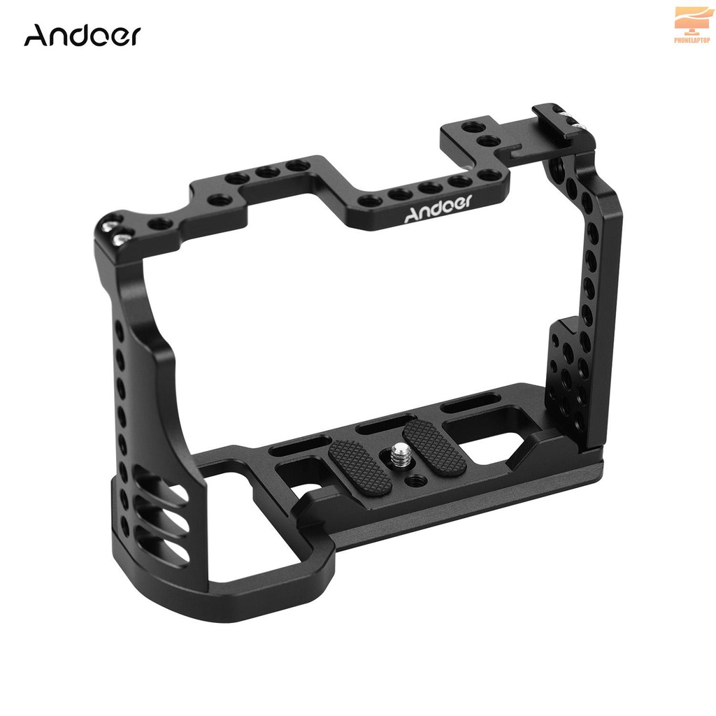 Andoer Aluminum Alloy Video Camera Cage with Cold Shoe Mount 1/4 Inch & 3/8 Inch Screw Holes Compatible with Sony A7R4 A7R IV