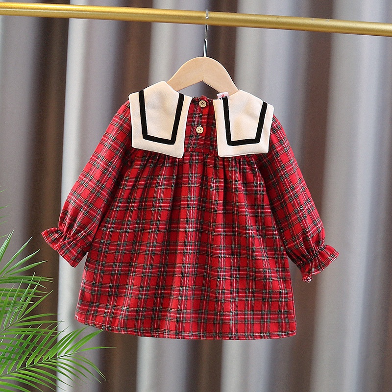 Đầm Tay Dài Chất Liệu Cotton Thoáng Khí Thoải Mái Họa Tiết Caro Đỏ Dễ Thương Cho Bé Gái