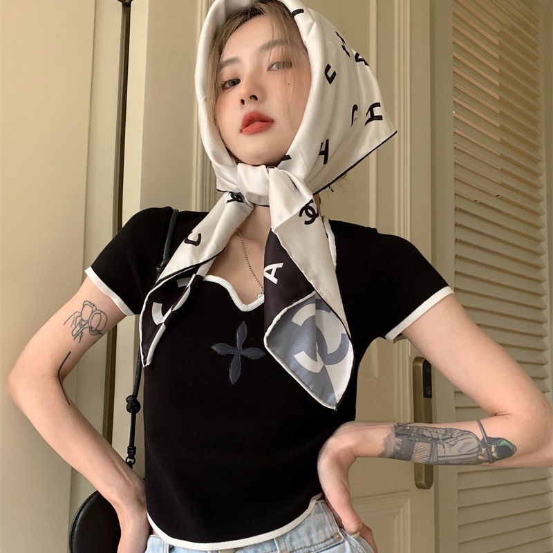 Áo Thun Ngắn Tay Cổ Vuông Màu Sắc Tương Phản Thời Trang Mùa Hè Cho Nữ