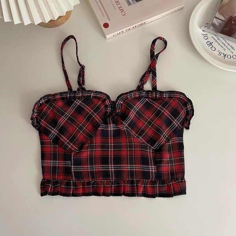 Áo 2 dây hoạ tiết kẻ caro phong cách Retro dễ thương hàng QC