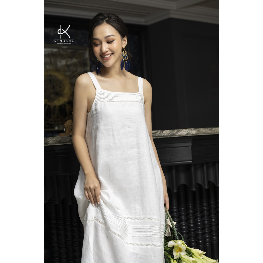 K137 Đầm maxi Premium Linen, xếp ly ngực và phần chân váy. Phối cùng ren cotton