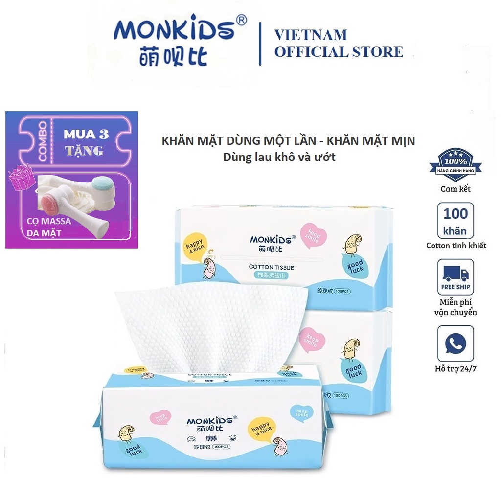 Khăn Lau Mặt Dùng 1 Lần Monkids, Khăn Khô Đa Năng, Từ Bông Tinh Khiết, Mềm Mịn An Toàn Làm Sạch Da, Tẩy Trang