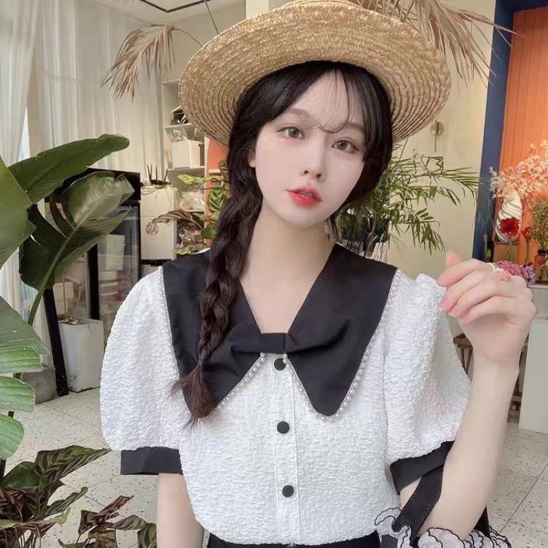 Áo Sơ Mi Đũi Xốp Nhăn Cổ Nơ Viền Ngọc Cực Xinh