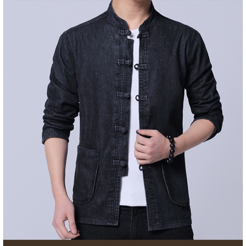 Áo Jean cổ tàu, áo jean nam, khoác jean nam chất jean mềm co dãn, xu hướng thời trang mới 2022