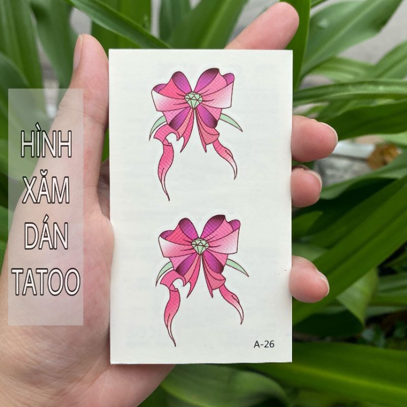 Hình xăm nơ hồng. Tatoo dán tạm thời size 10x6cm