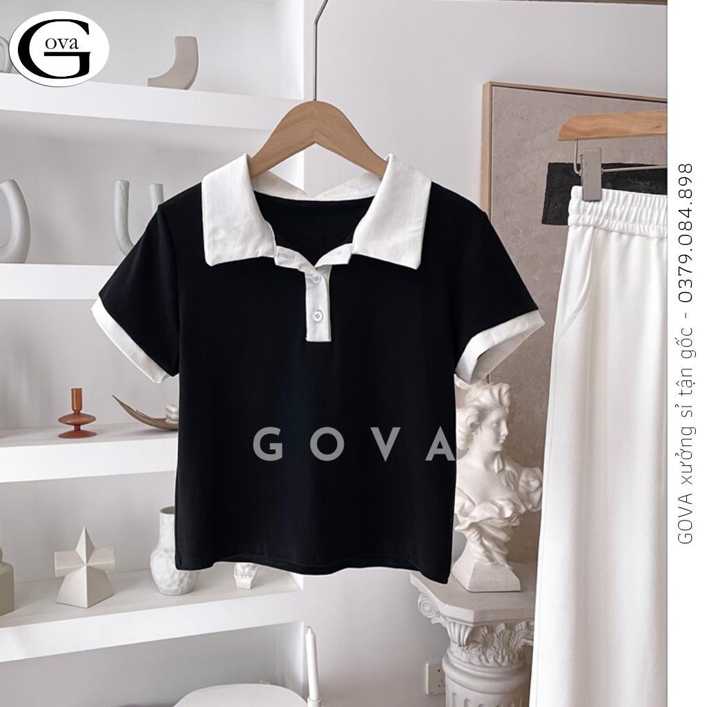 Áo Croptop CỔ POLO PHỐI Màu Đen Trắng Nữ, Áo Cổ Bẻ Tay Ngắn Đẹp GOVA