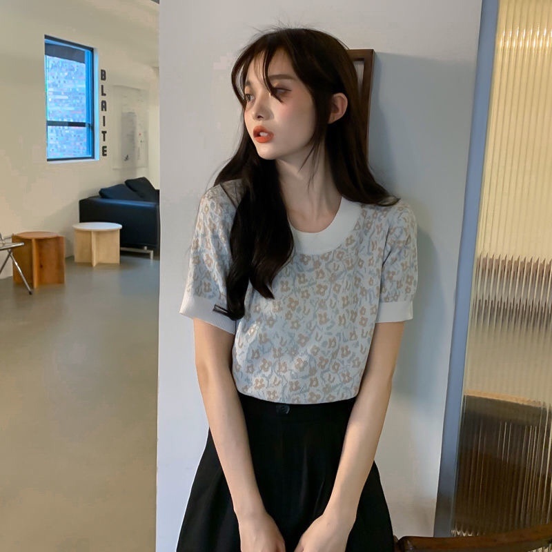 Áo thun ZHELIHANGFEI dệt kim ngắn tay in hoa xinh xắn thời trang