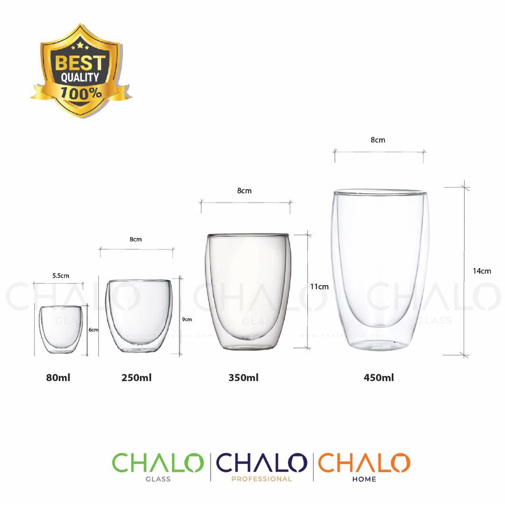 Cốc thủy tinh hai lớp 80ml - 250ml - 350ml - 450ml (Thủy tinh chịu nhiệt Borosilicat) - CHL