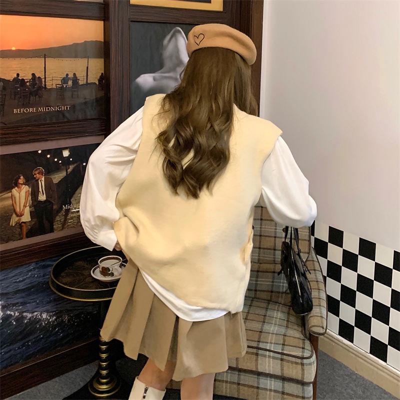 Bộ Áo Sơ Mi + Áo Vest Dệt Kim Cổ Chữ V Phối Nút Chéo Thiết