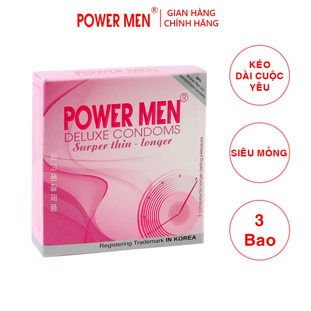 Bao cao su Powermen Superthin Longer siêu mỏng, kéo dài Hộp 3 bao