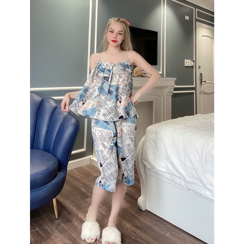 Đồ Bộ Mặc Nhà VAYO, Bộ Lửng Đồ Mặc Nhà Áo Hai Dây Xếp Ly Ngực Đẹp Vải Lụa Mát Thời Trang Nữ Có Túi Dưới 65kg | BigBuy360 - bigbuy360.vn