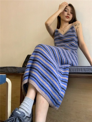 Đầm Dệt Kim Họa Tiết Kẻ Sọc Màu Sắc Tương Phản Thời Trang 54435