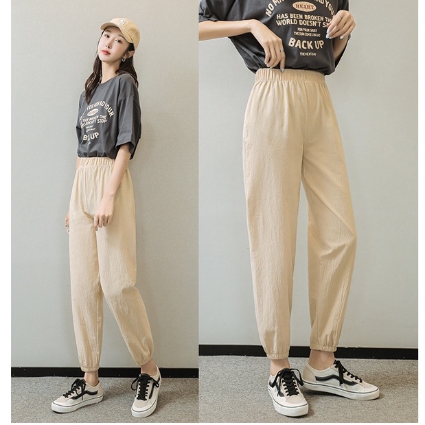 Quần ống rộng cạp chun chất đũi mát nhẹ dáng dài dây rút - Quần jogger nữ Bo gấu ống kiểu mới vải mềm mặc mùa hè màu đen