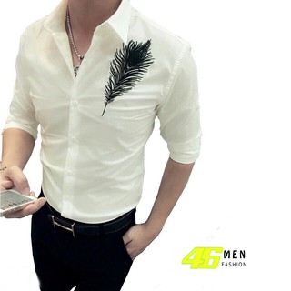Áo sơ mi trắng, dài tay, vải kate, in họa tiết lông vũ cao cấp MFM033