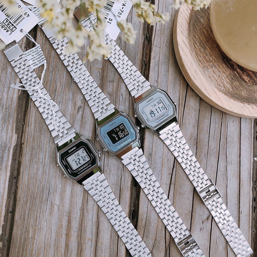 Đồng hồ nữ casio điện tử chính hãng mặt vuông chống nước 3atm , dây kim loại - LA680