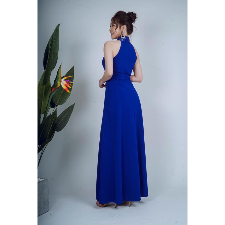 Đầm thiết kế cổ yếm dáng váy dài sang trọng màu xanh coban [HÌNH THẬT KÈM FEEDBACK]