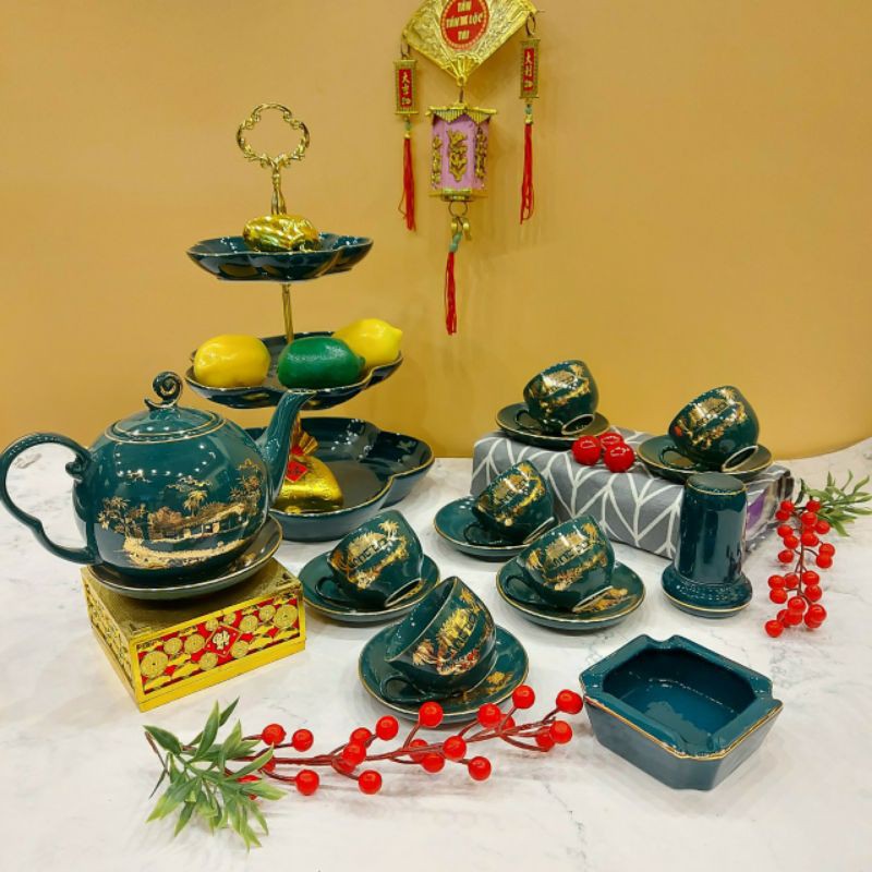 Bộ ấm chén xanh coban viền vàng kim Bát tràng