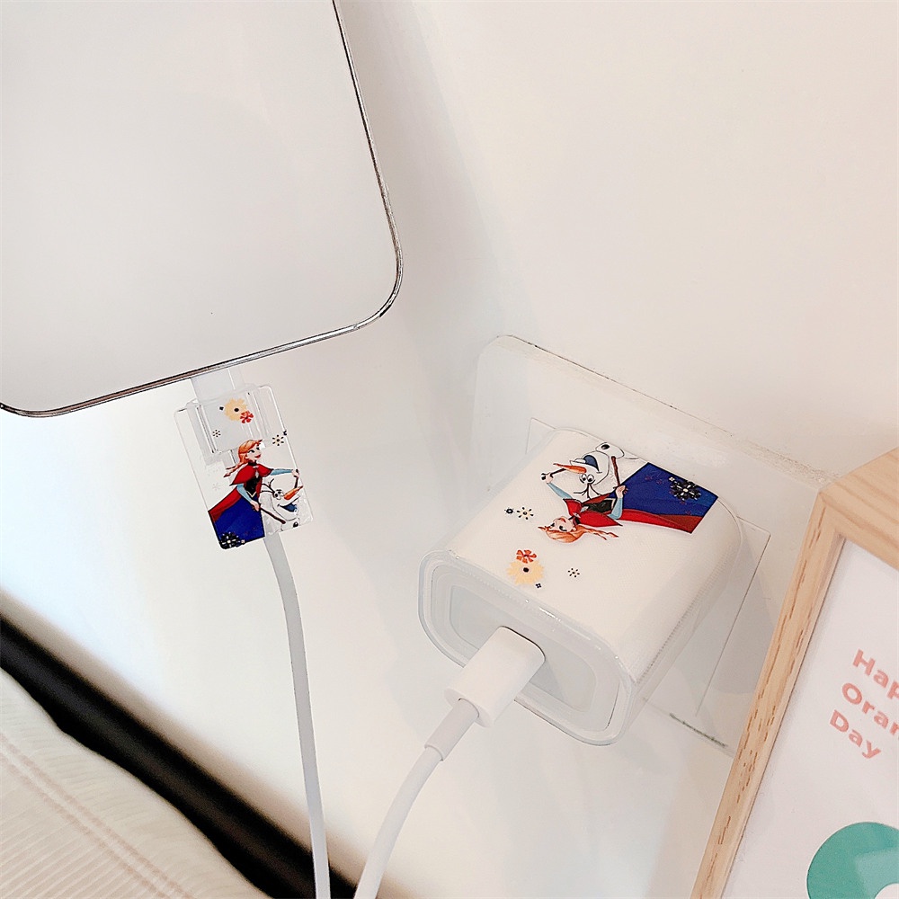 DISNEY Bộ 2 Phụ Kiện Bảo Vệ Đầu Sạc USB 20W + Dây Điện Chống Trầy Xước Hình Công Chúa Elsa Frozen Anna Aurora Ốp