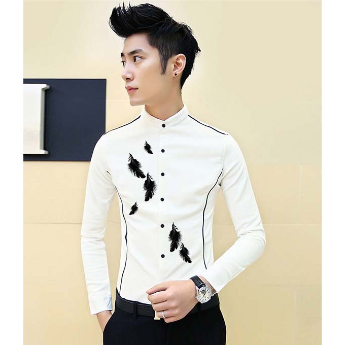 Áo Sơ Mi Nam Cổ Tàu Trắng Họa Tiết Lông Chim Cực Chất SM471 (Ảnh thật)